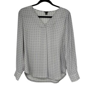 Ann Taylor Gray Geometric Print Long Sleeve Blouse Womens Size S EUC